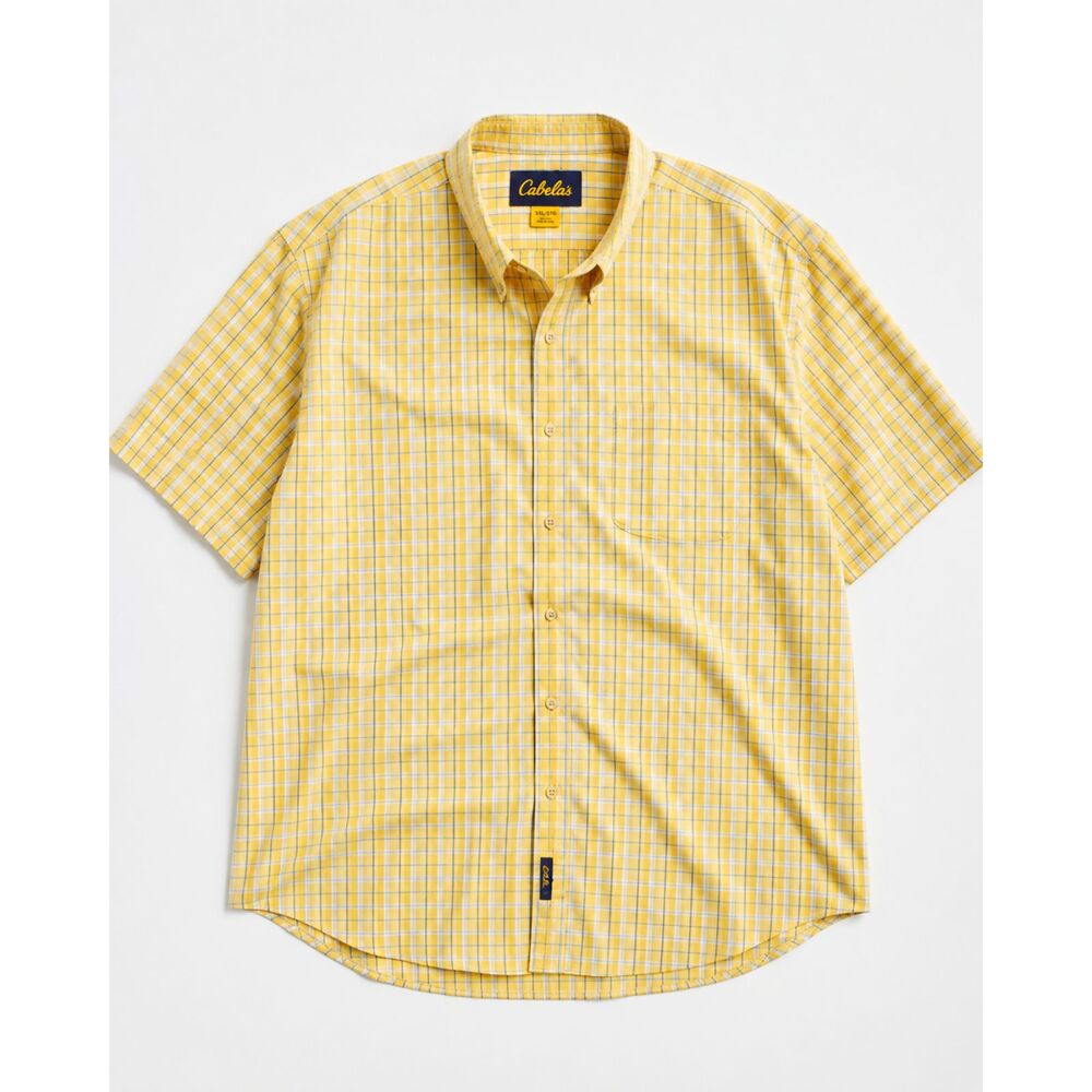 Cabela's 5XL Yellow Plaid Button Front Short Sleeve Shirt 100% Cotton Big Tall